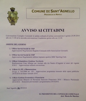 Ordine del giorno consiglio comunale Sant'Agnello